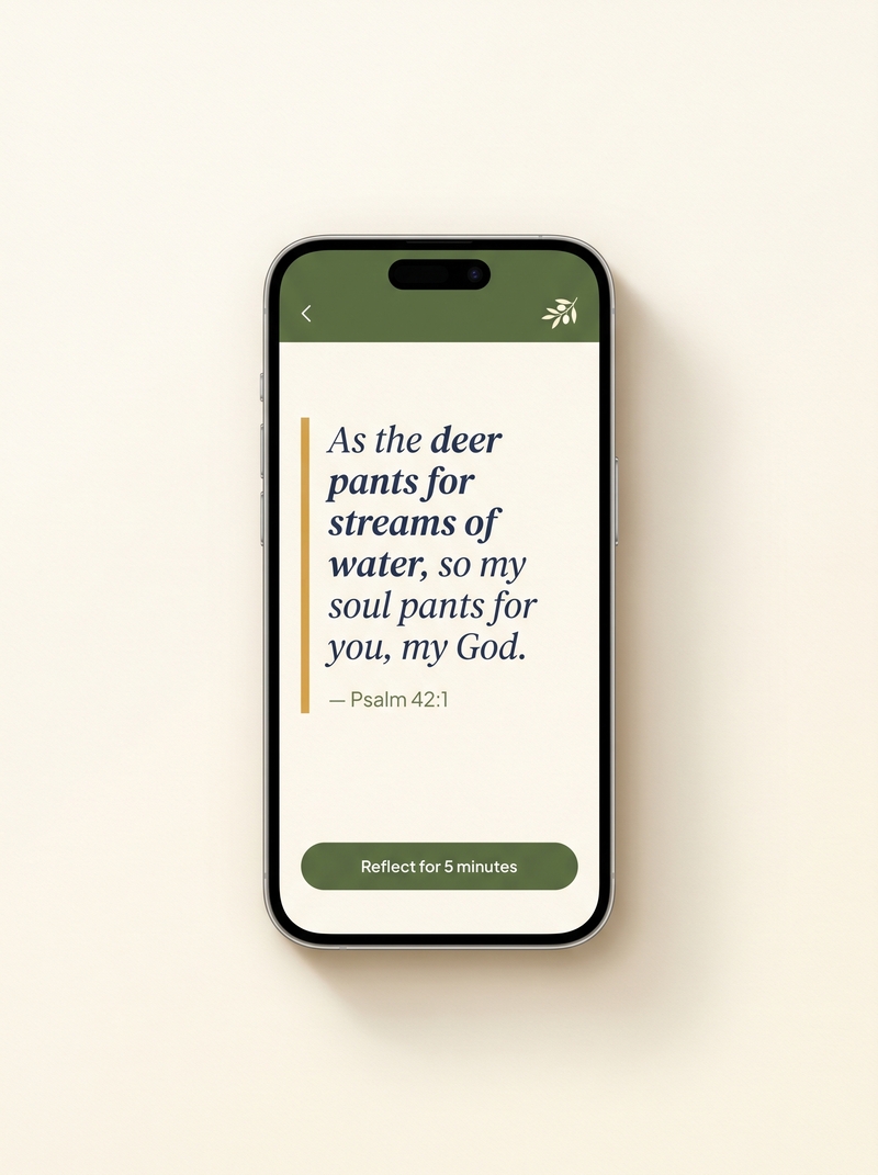 Solomeh app screen showing Verse of the Day callout in Fraunces italic with an amber left border, citing Psalm 42:1, with the Olive primary CTA Reflect for 5 minutes underneath.