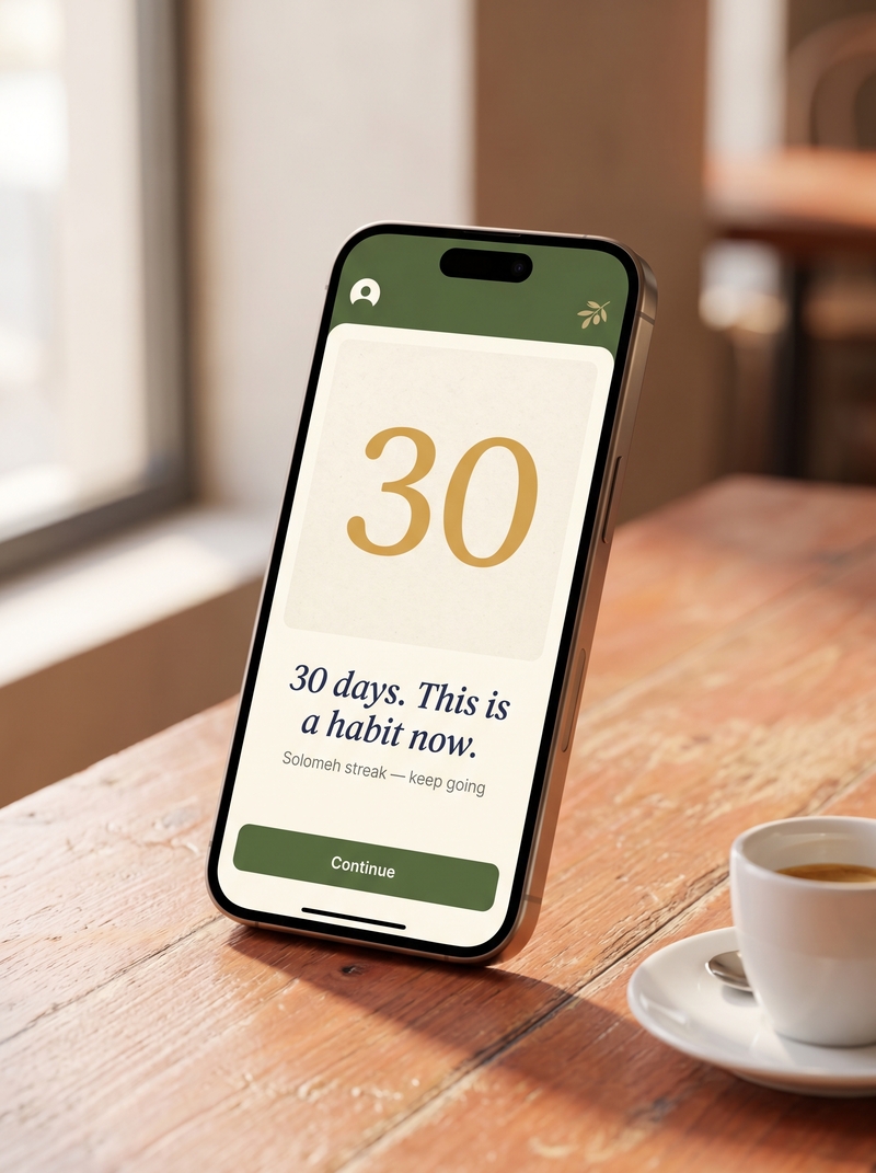 Solomeh app screen showing Day 30 streak celebration with the Fraunces serif headline 30 days, this is a habit now, on a phone resting on a wooden café table.